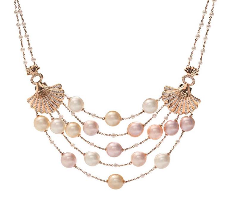 Boodles Deep Sea Treasure necklace with pink South Sea and freshwater pearls strung in rows between golden shells.