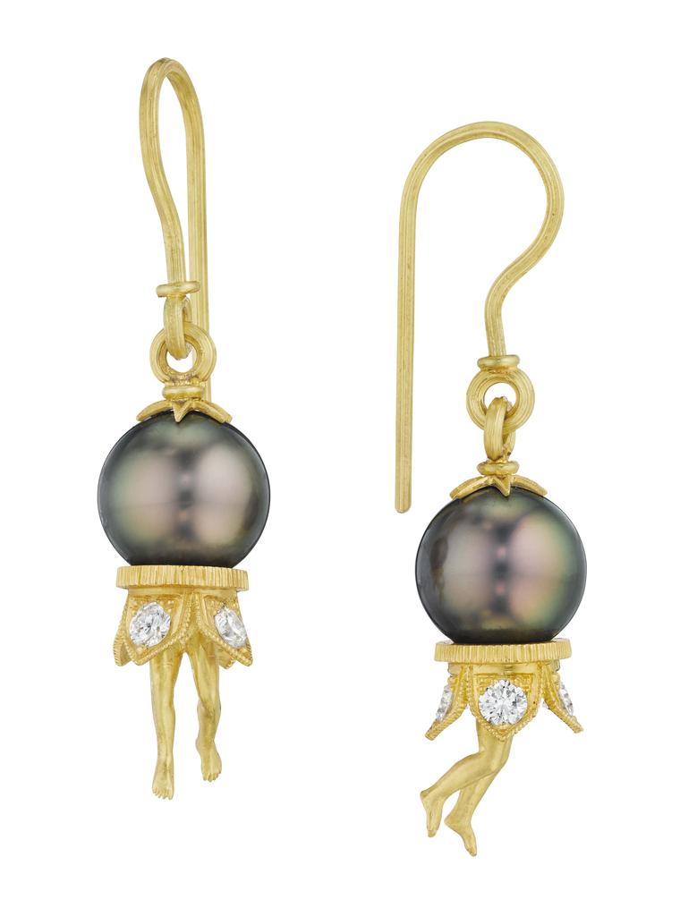 Anthony Lent Tahitian pearl earrings in gold with diamonds.