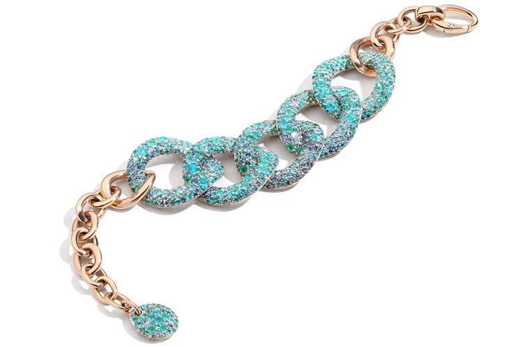 Pomellato rose gold gourmette Pom Pom bracelet featuring Paraiba tourmalines.