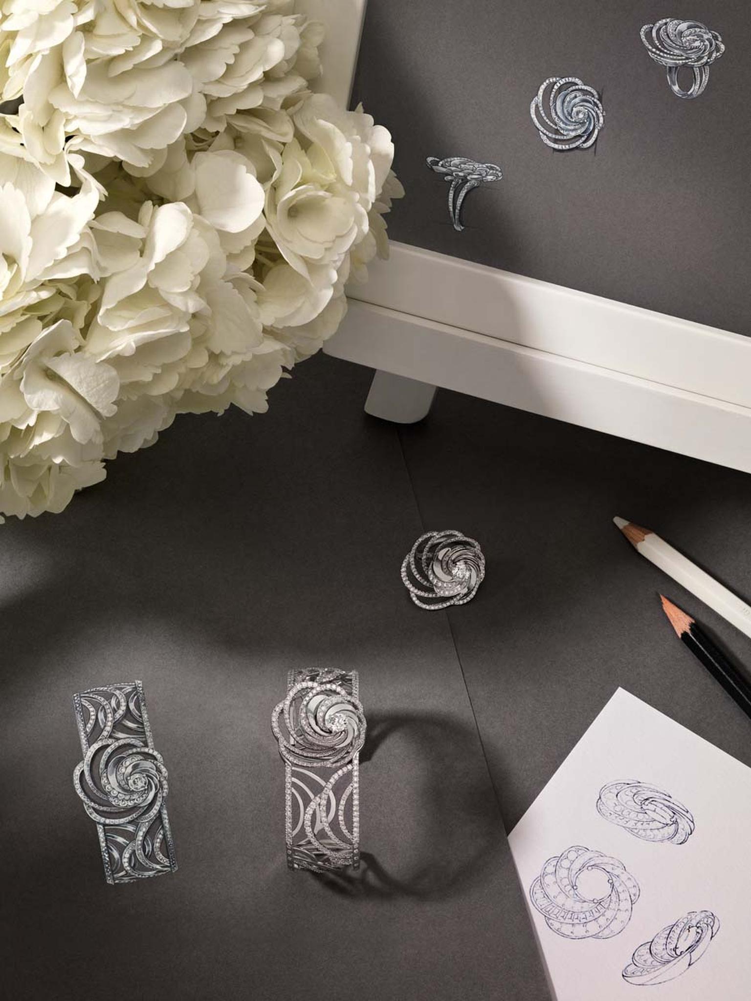 Sketches of De Beers' new Aria jewels alongside a finished bracelet.