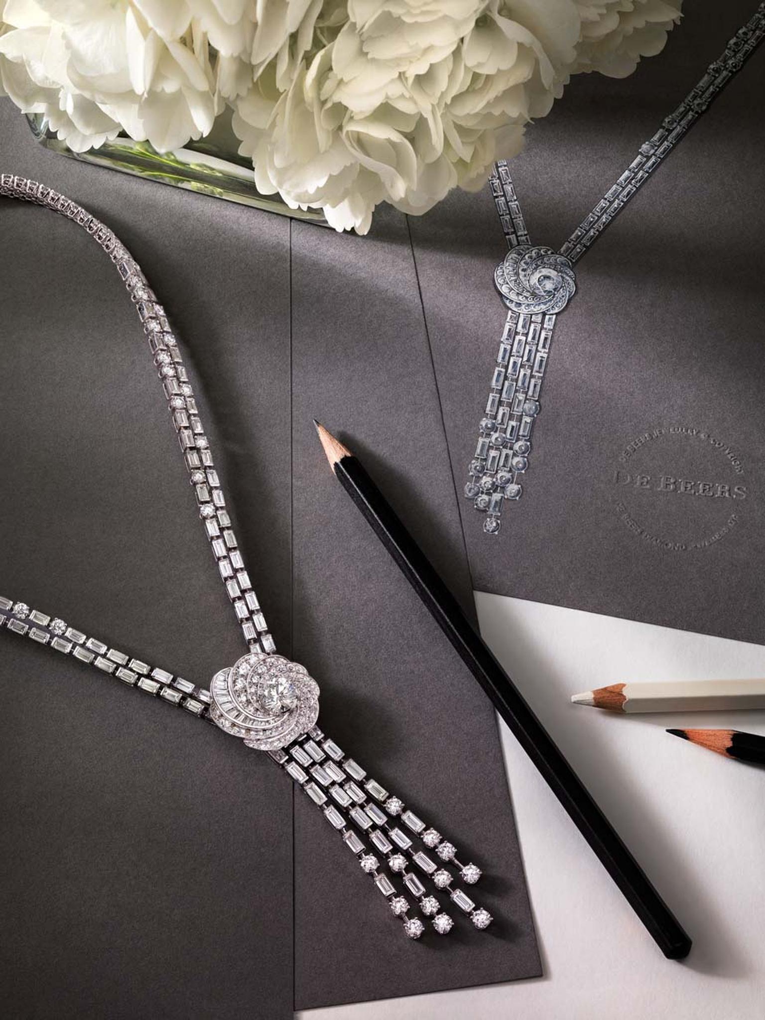 With the new Aria diamond jewellery collection, which includes this high jewellery necklace, De Beers encircles the central diamond with a series of swirling, spiraling ribbons.