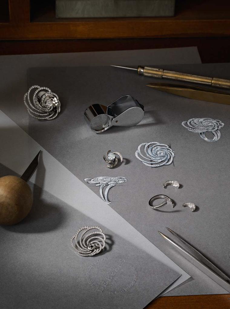 The initial sketches of De Beers' new Aria diamond jewellery collection take shape.