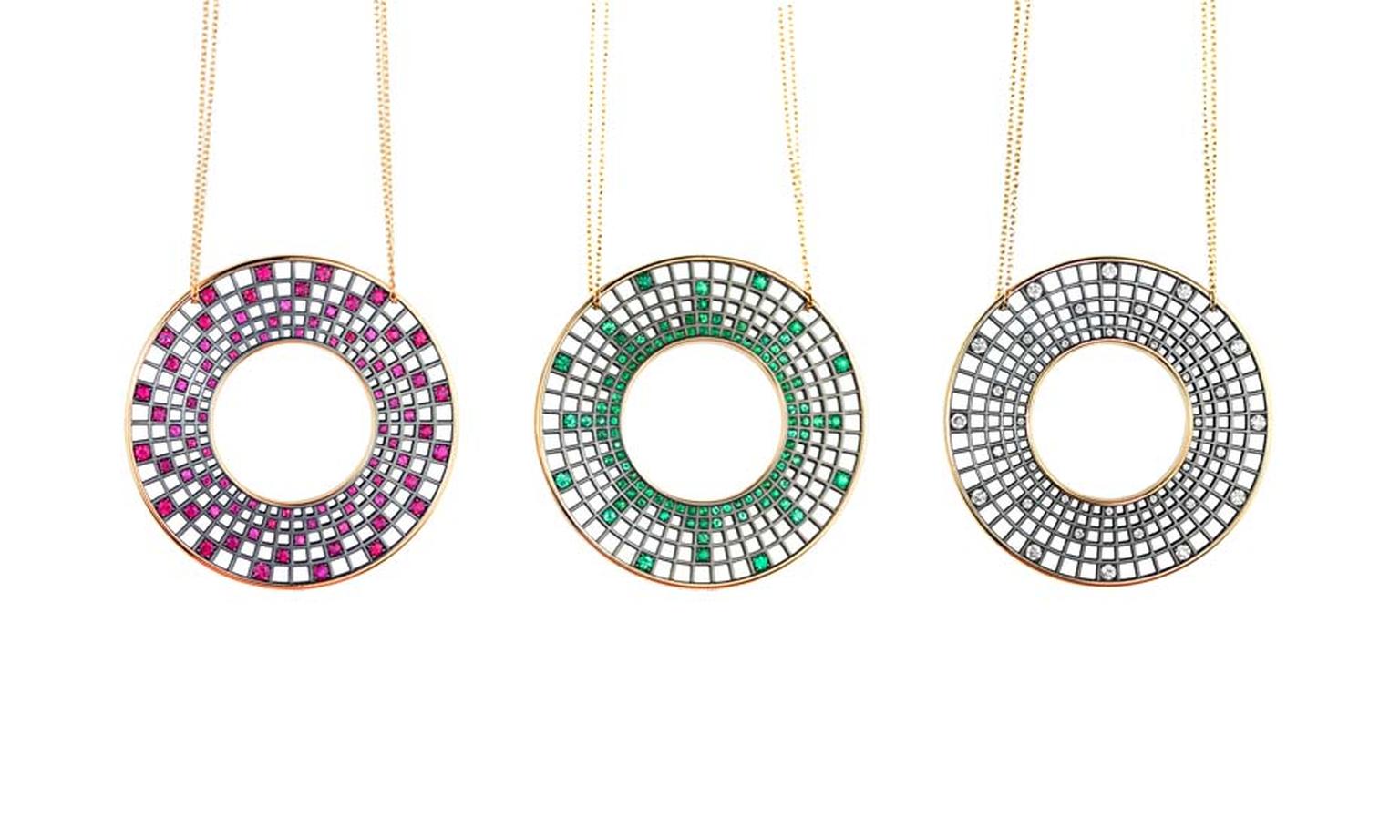 Roule & Co Halo pendants with either rubies, emeralds or white diamonds.