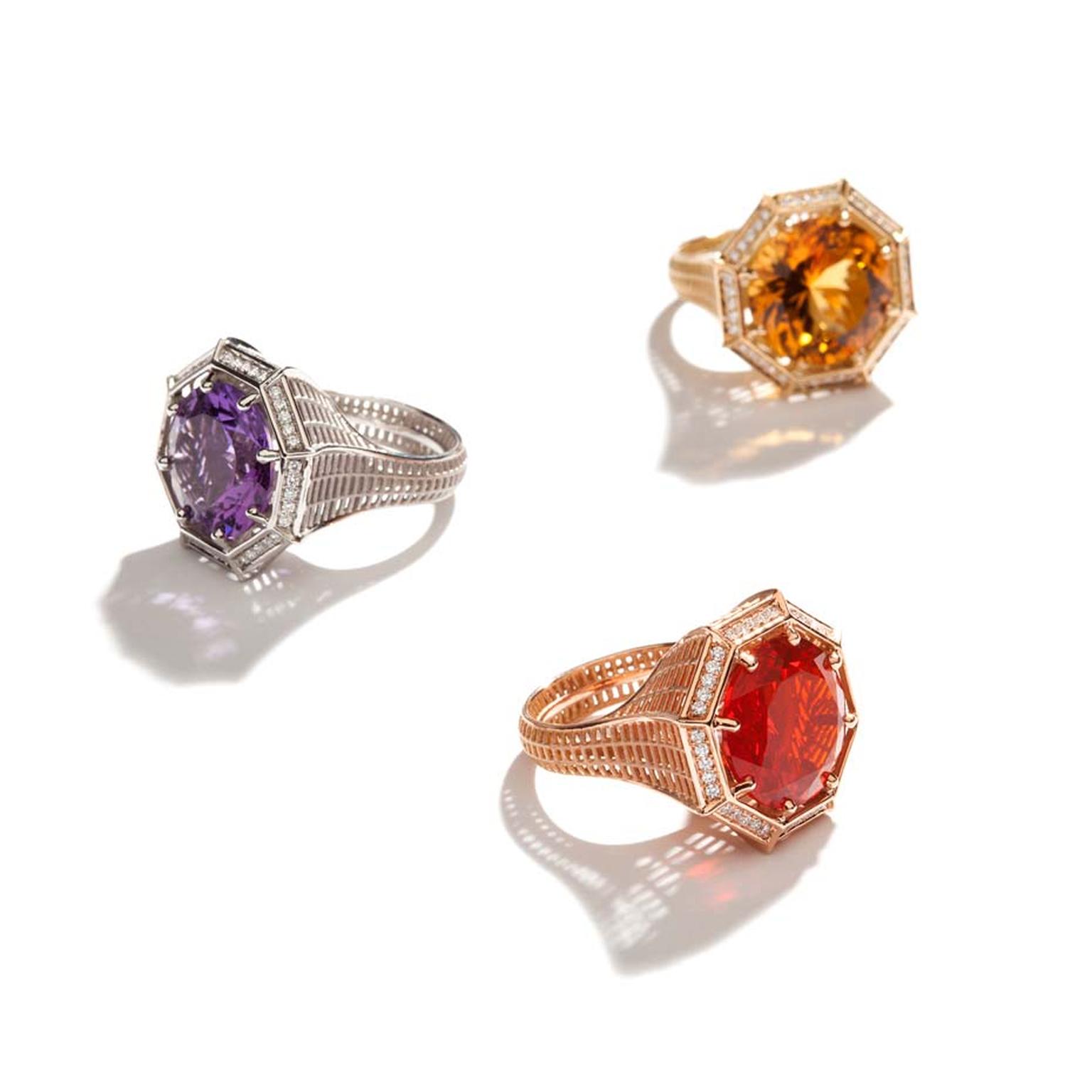 Roule & Co Octagon cocktail rings in platinum with amethyst and white diamonds, left; yellow gold with citrine and white diamonds, top; rose gold, ?re opal and white diamonds, below.