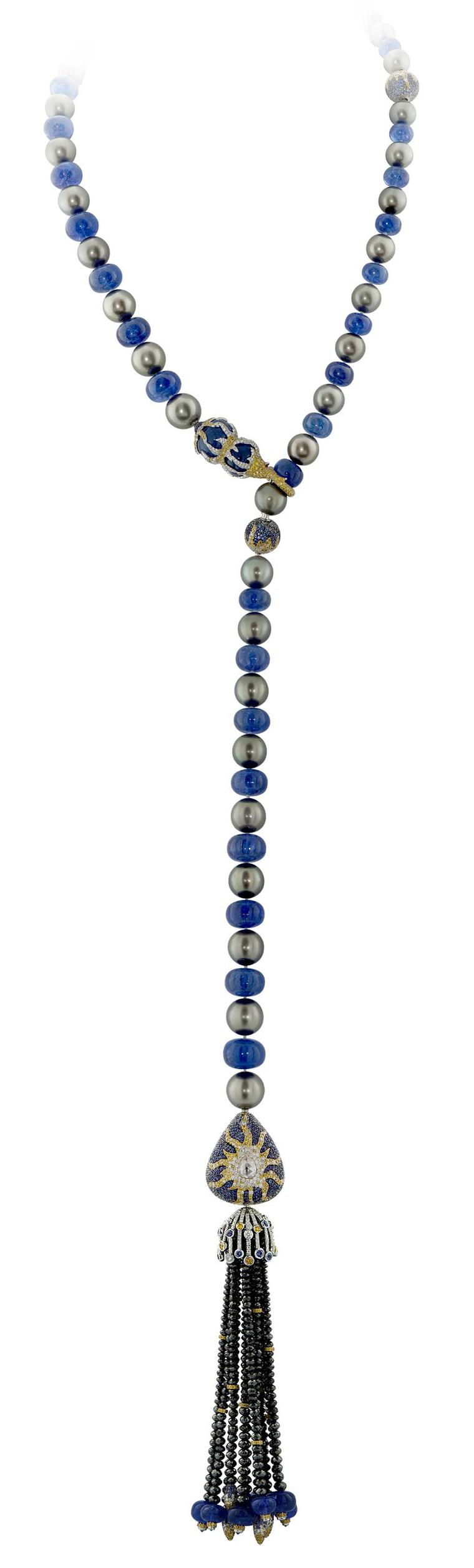 Another look for Alessio Boschi's Stardust lariat necklace, with Tahitian pearls, tanzanite beads, diamonds and sapphires.