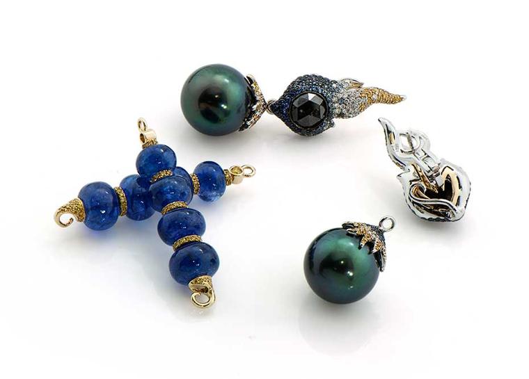 Alessio Boschi's convertible Stardust Tahitian pearl earrings, with detachable blue tanzanite beads and gem-set flames.