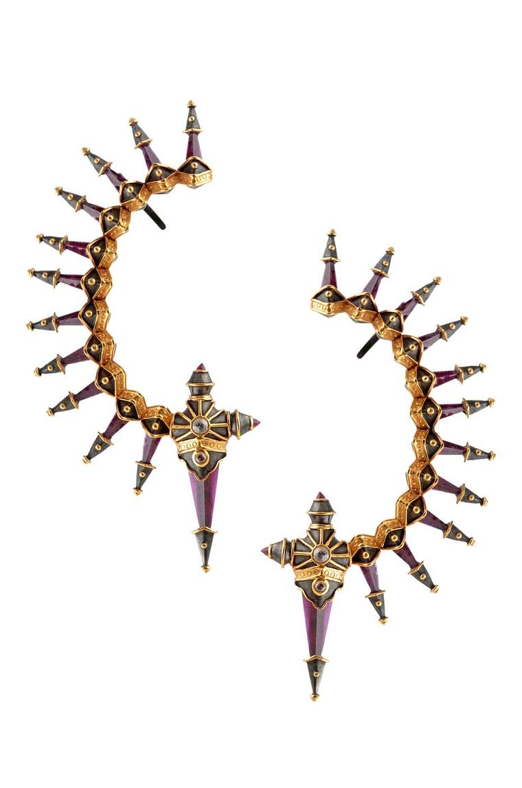 Amrapali Dark Maharaja Warrior's Sword ear cuffs in silver and gold with diamonds.