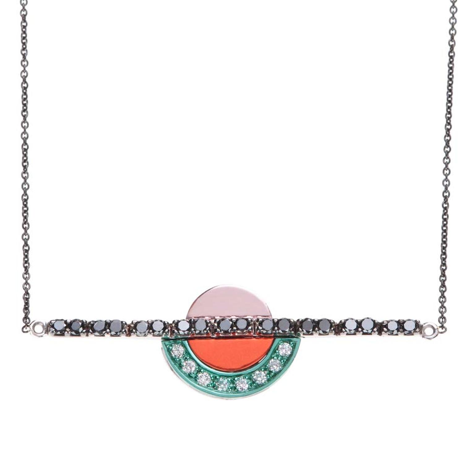 Nikos Koulis necklace, from the new Acrobat collection, in black rhodium, with white and black diamonds and white gold hand-painted in pink, orange and turquoise.