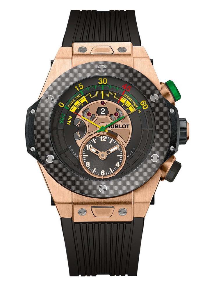 Official watch of the 2014 FIFA World Cup in Brazil, Hublot's Big Bang Unico Bi-Retrograde Chrono is available in two models, including this King Gold version with a carbon-fibre bezel, limited to 100 pieces.