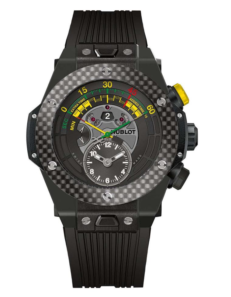 The black ceramic model of Hublot's Big Bang Unico Bi-Retrograde Chrono, the official watch of the 2014 Fifa World Cup in Brazil, with a carbon-fibre bezel, limited to 200 pieces.