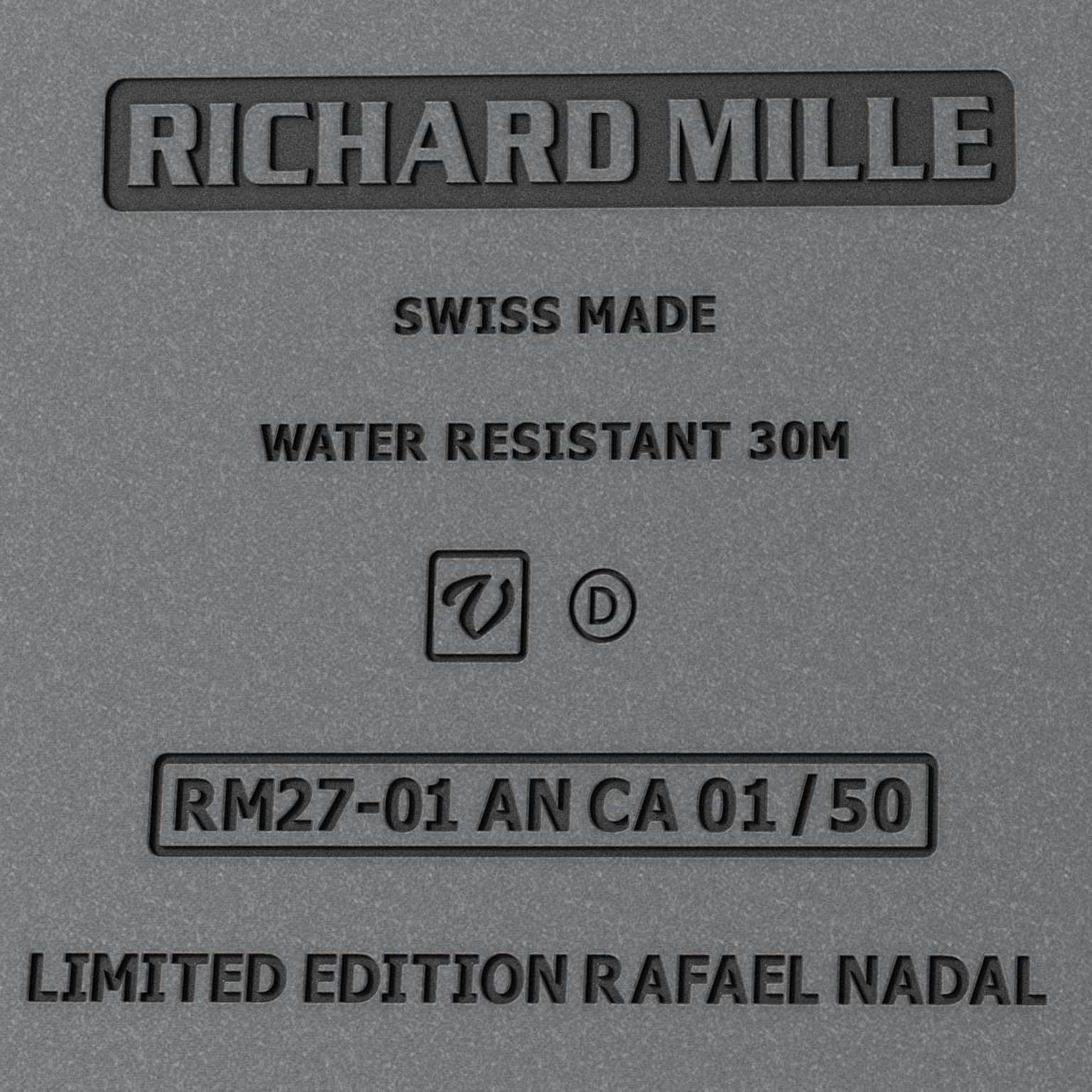 The reverse of the Richard Mille RM 27-01, marked a limited-edition Rafael Nadal watch.