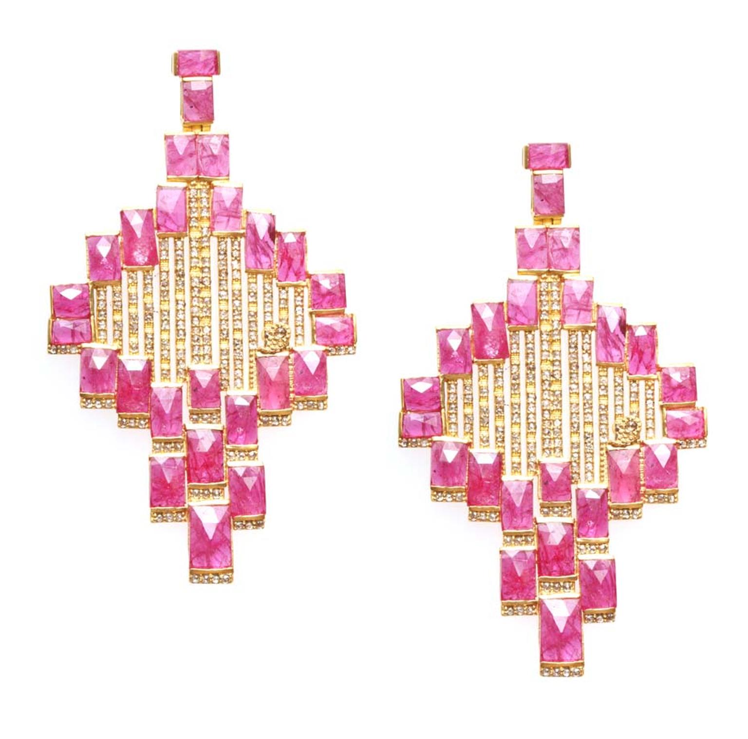 Coomi Mozambique ruby tiled earrings.