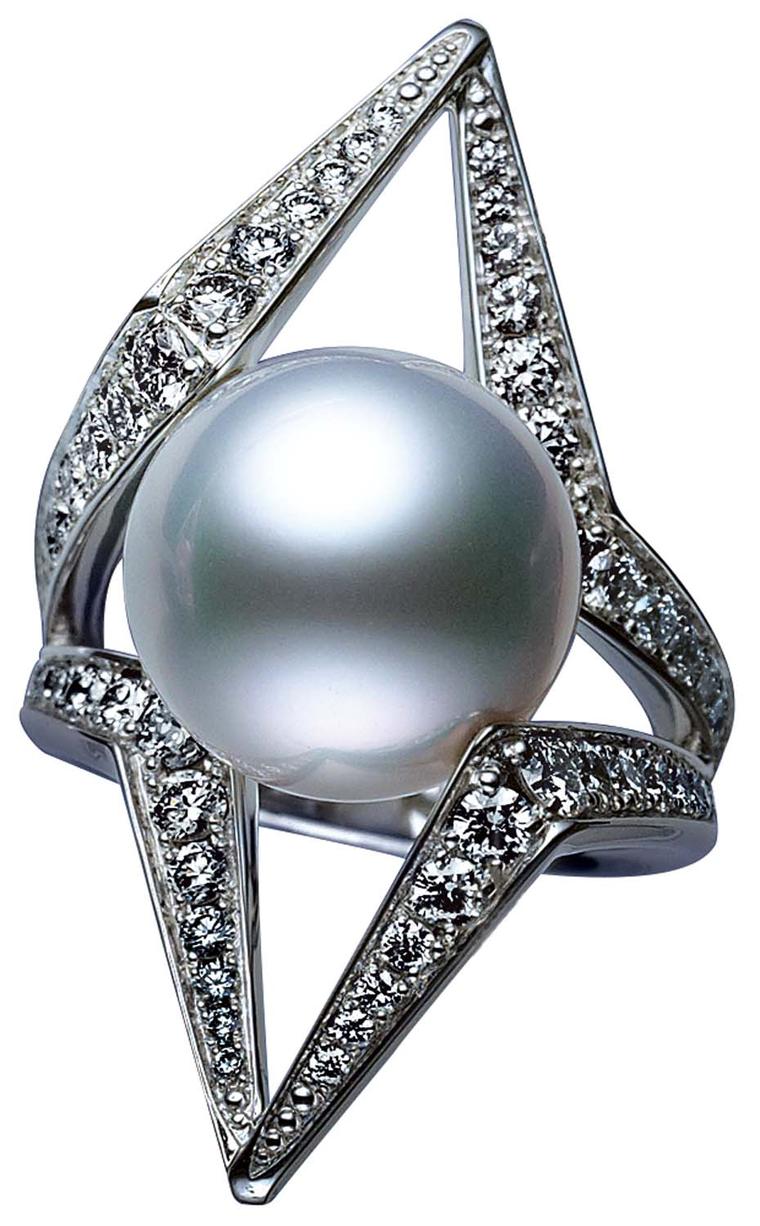 Mikimoto World of Creativity collection Morning Star ring with a cultured South Sea pearl set amongst angular diamond pavé lines.