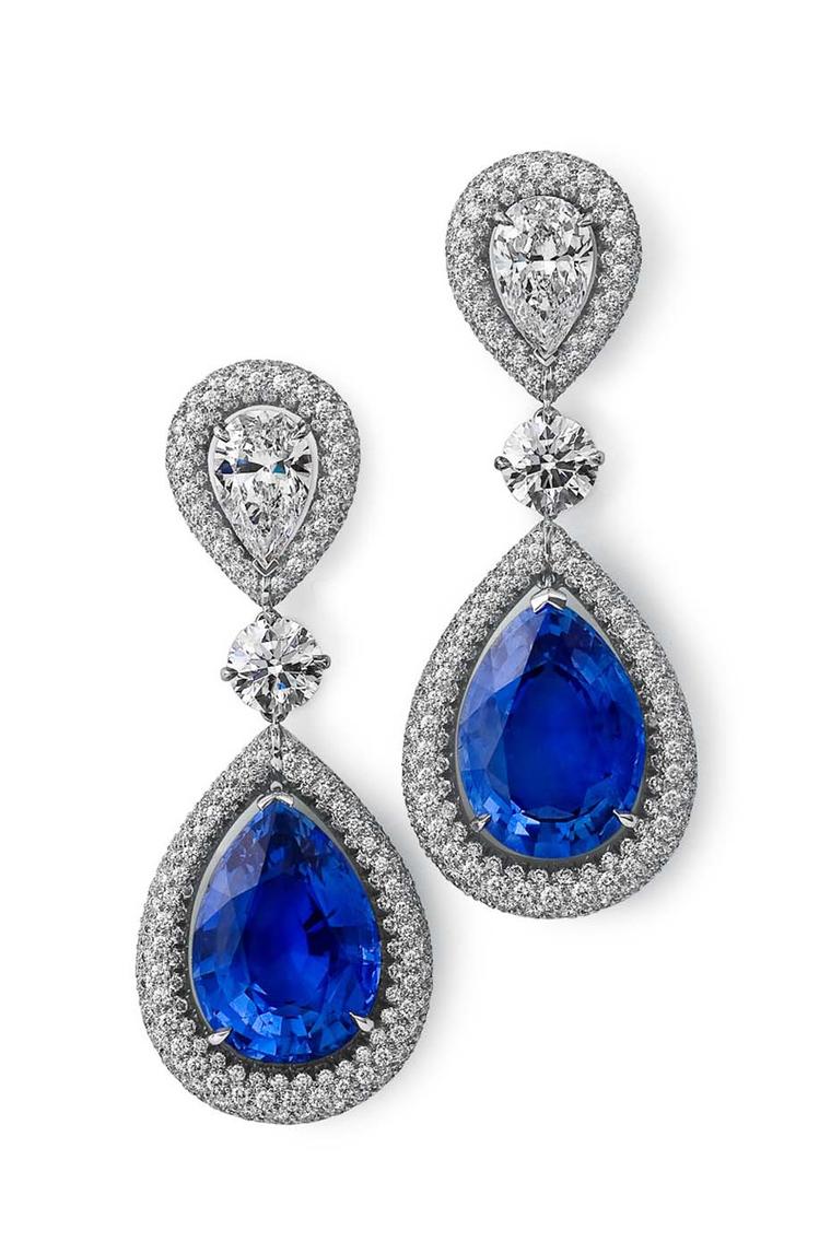 Steven Fox handmade drop earrings with 18.37ct Ceylon sapphires and near flawless diamonds, including two pear-shaped and two round brilliant diamonds, surrounded by 484 micro-set diamonds.