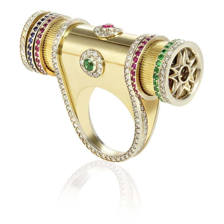 Sybarite Masterpiece collection Kaleidoscope ring with white and yellow gold, diamonds, sapphires, rubies and emeralds.