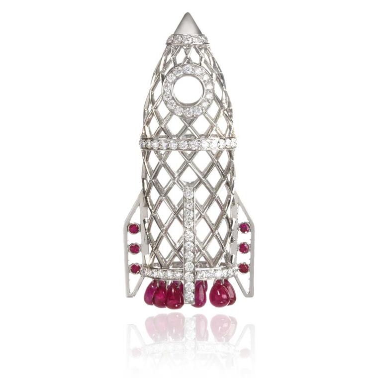 Sybarite Pocket Rocket white gold pendant with white diamonds, rubies and pearls.