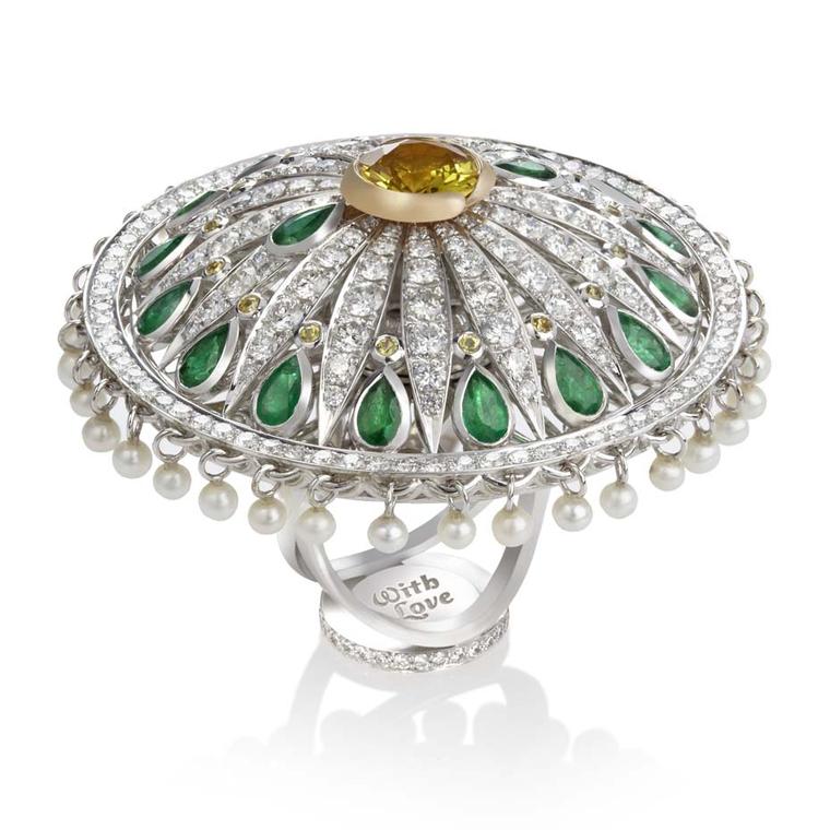 Sybarite Dancing Dolls collection white and yellow gold ring with emeralds, diamonds, pearls and a yellow sapphire.