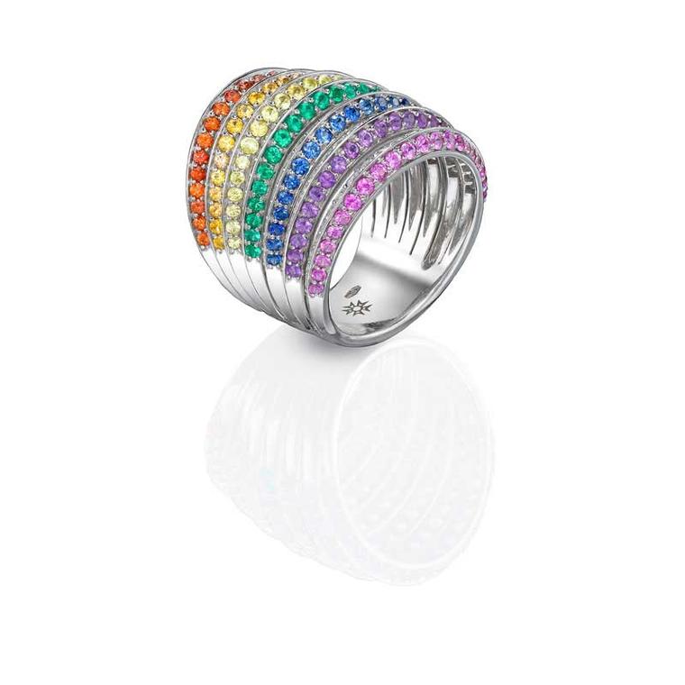 Sybarite rainbow ring with coloured multi-coloured gemstones.