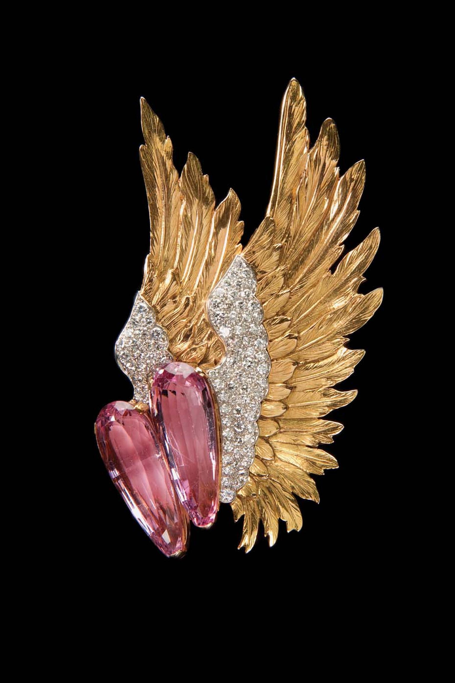 Verdura gold Winged brooch featuring pink topaz and diamonds, circa 1938.