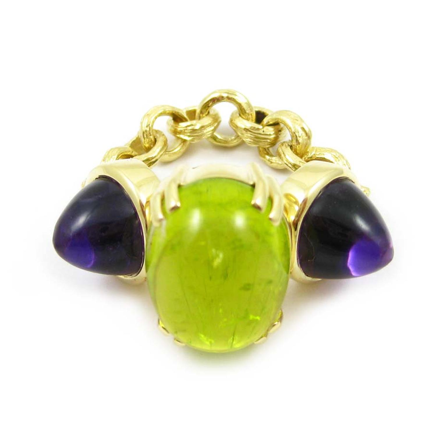 K. Brunini Chains of Love Twig ring in yellow gold with a central 14.53ct canary tourmaline and two amethyst bullet cabochons ($27,840).