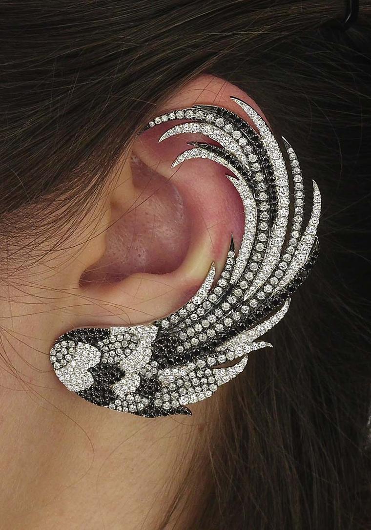 Colette Blue Drift white and black gold Single Wing ear cuff with white, grey and black diamonds ($15,350).