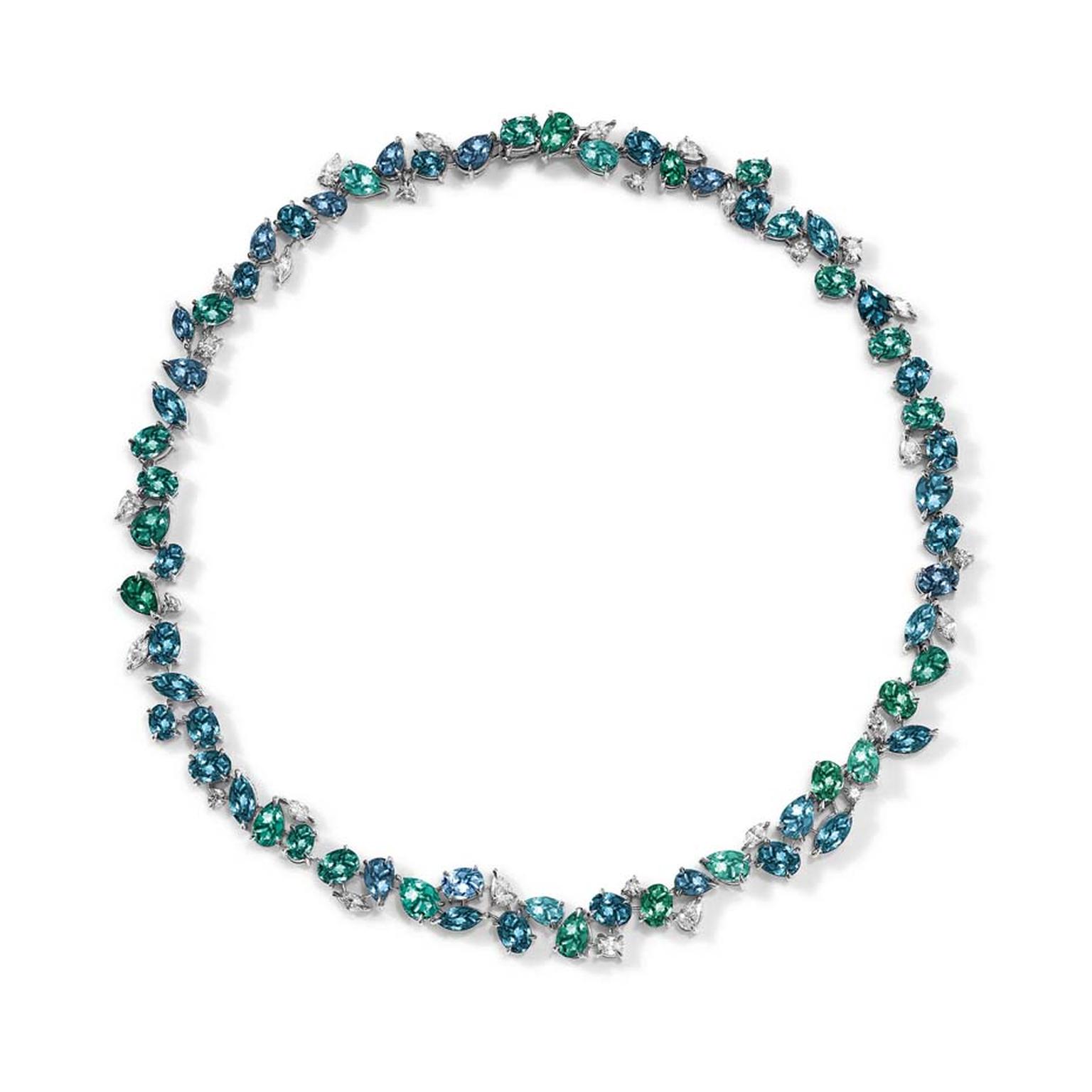 Asprey Chaos collection platinum necklace with mixed-cut tourmalines and diamonds.