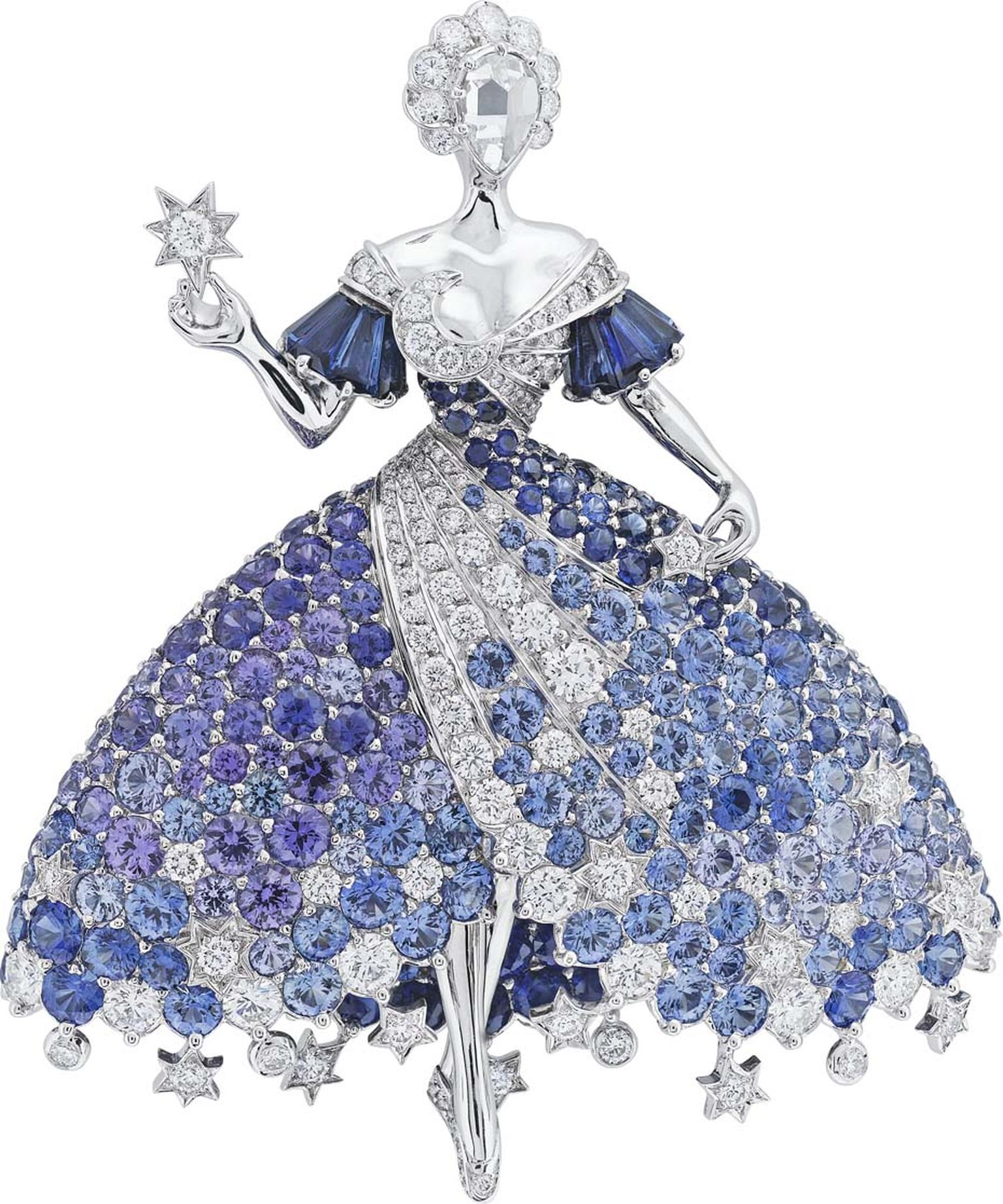 Van Cleef & Arpels Peau d'Âne collection white gold Moon Dress brooch with diamonds, blue spinels, blue and purple tanzanites, and blue and purple sapphires.