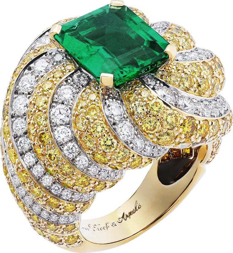 Van Cleef & Arpels Peau d'Âne collection white gold Cake Love ring with white diamonds, yellow diamonds and a central emerald cut 4.48ct Zambian emerald.