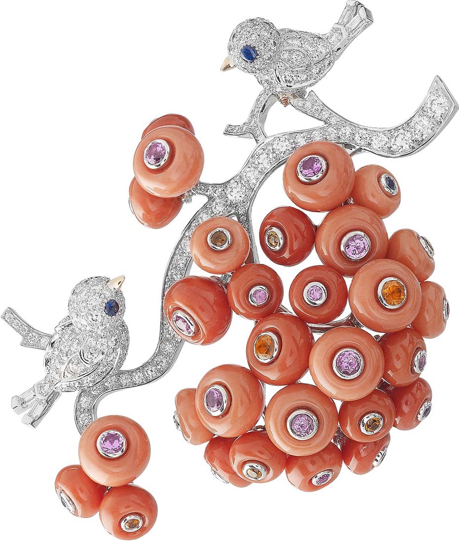 Van Cleef & Arpels Peau d'Âne collection white and pink gold Piou-Piou brooch with round and baguette diamonds, coral cabochons, spessartite garnets and multi-coloured sapphires.