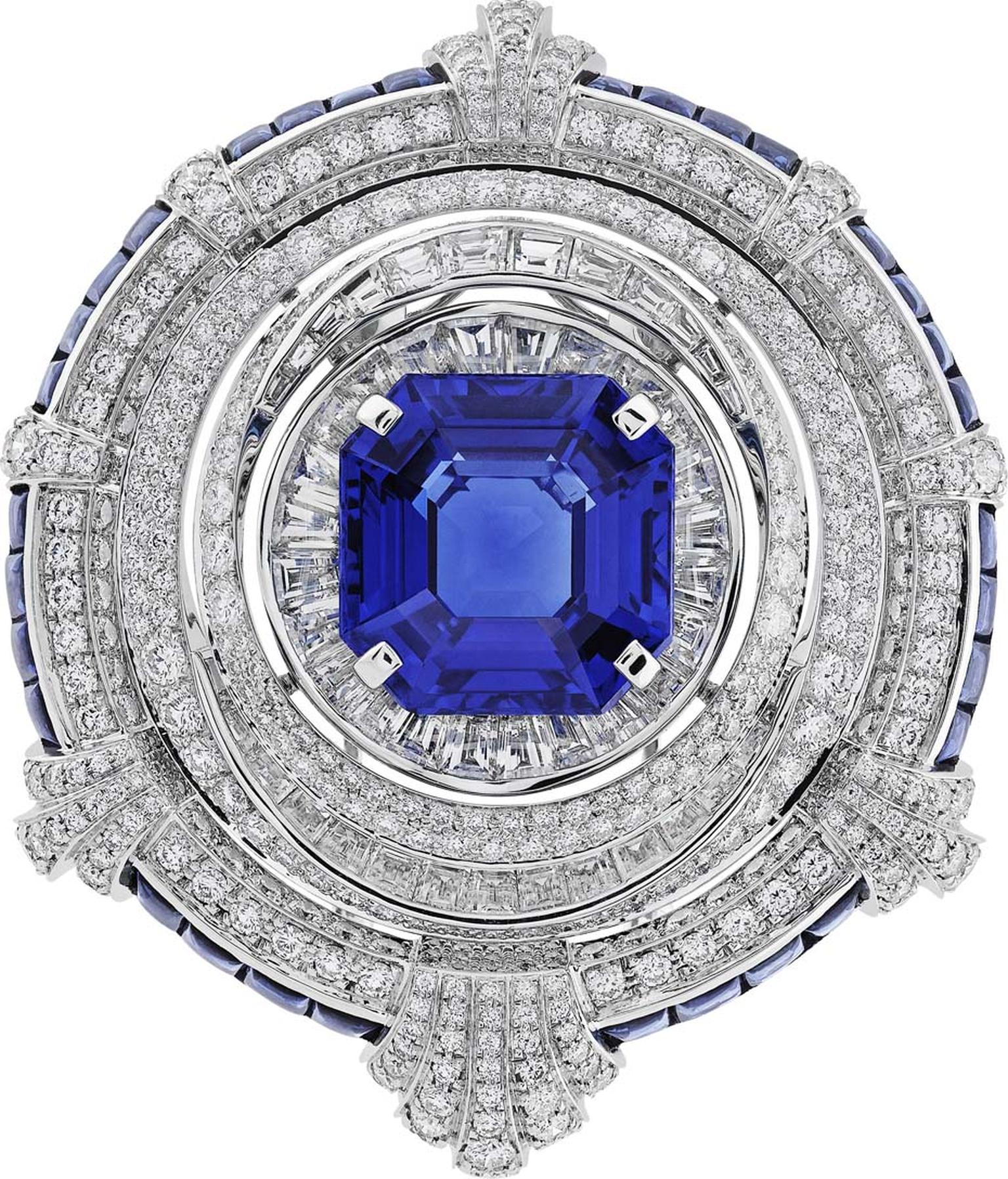 Van Cleef & Arpels Peau d'Âne collection Enchated Forest white gold detachable brooch with mixed-cut white diamonds surrounding an octagonal 24.77ct sapphire.