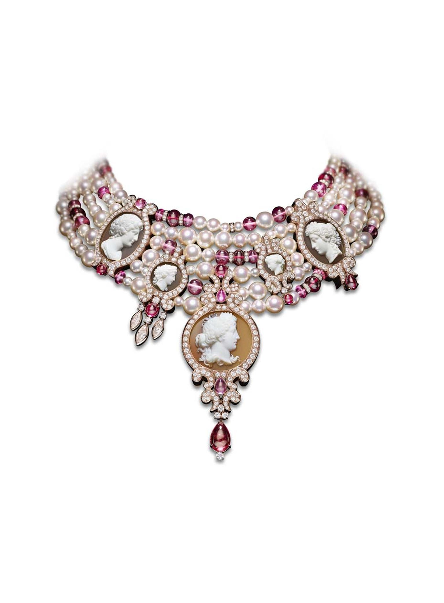 Giampiero Bodino cameo-themed Paolina rose gold necklace featuring diamonds dotted amongst ropes of different-sized Akoya pearls alongside rubellites and pink tourmaline beads. Image by: Laziz Hamani.