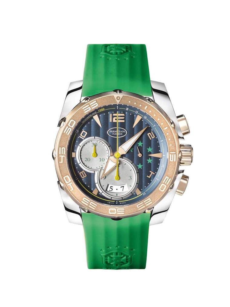The Parmigiani Fleurier 45mm Pershing CBF chronograph for men celebrates the brand's bond with Brazil and features five green stars at 3 o'clock, which represent Brazil's five World Cup victories.