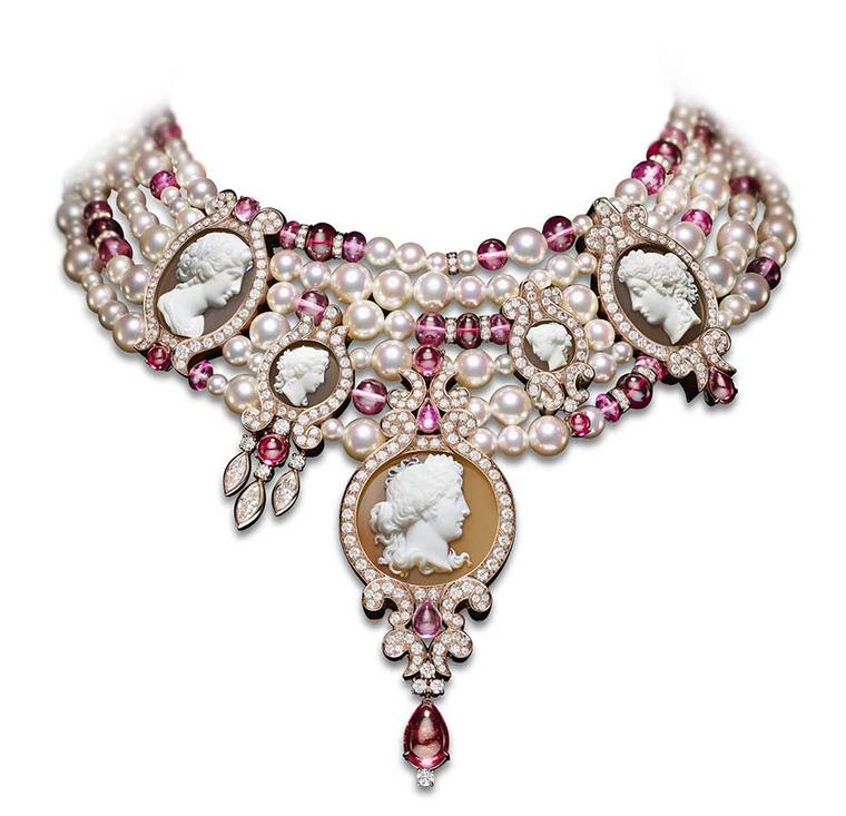 Giampiero Bodino cameo-themed Paolina rose gold necklace featuring diamonds dotted amongst ropes of different-sized Akoya pearls alongside rubellites and pink tourmaline beads. Image: Laziz Hamani.