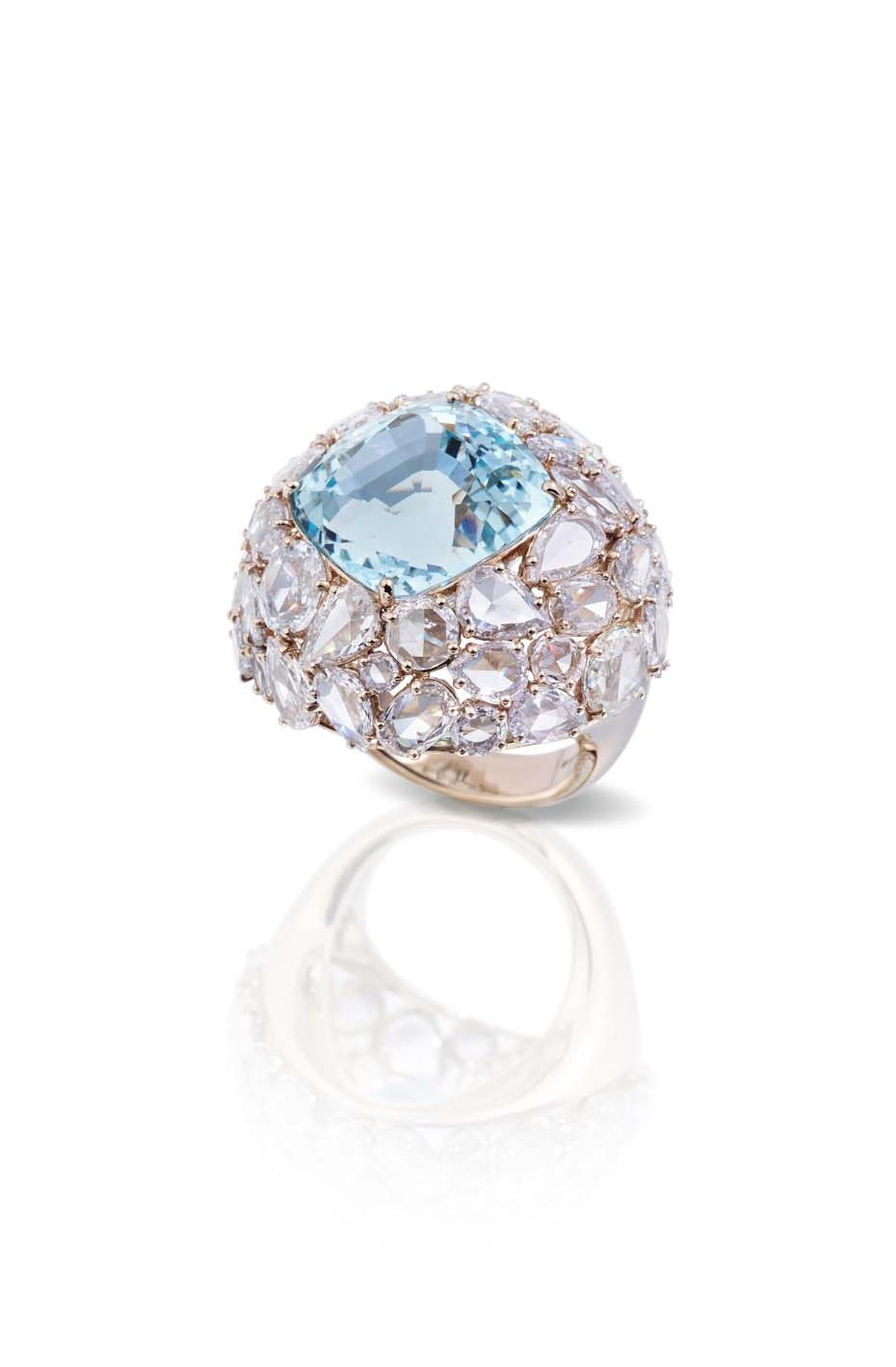 One-of-a-kind Pomellato Pom Pom collection aquamarine ring surrounded by different cuts of diamonds.