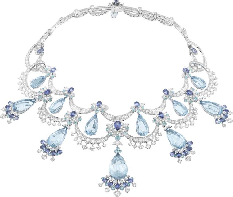 Van Cleef & Arpels Peau d'Âne collection white gold Colour of Time Dress necklace with round diamonds, tourmalines, sapphires and 12 pear-shaped aquamarines totalling 129.87ct.