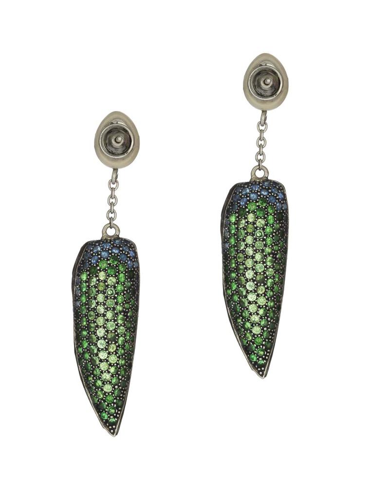 The reverse of Bibi van der Velden's Scarab Wing earrings in silver, which are decorated with green and blue sapphires (£2,856).