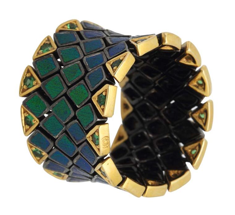 Lotus Arts de Vivre for Katharine Pooley Flexible Scarab ring in flexible silver and gold, with five rows of tsavorites (£2,790).