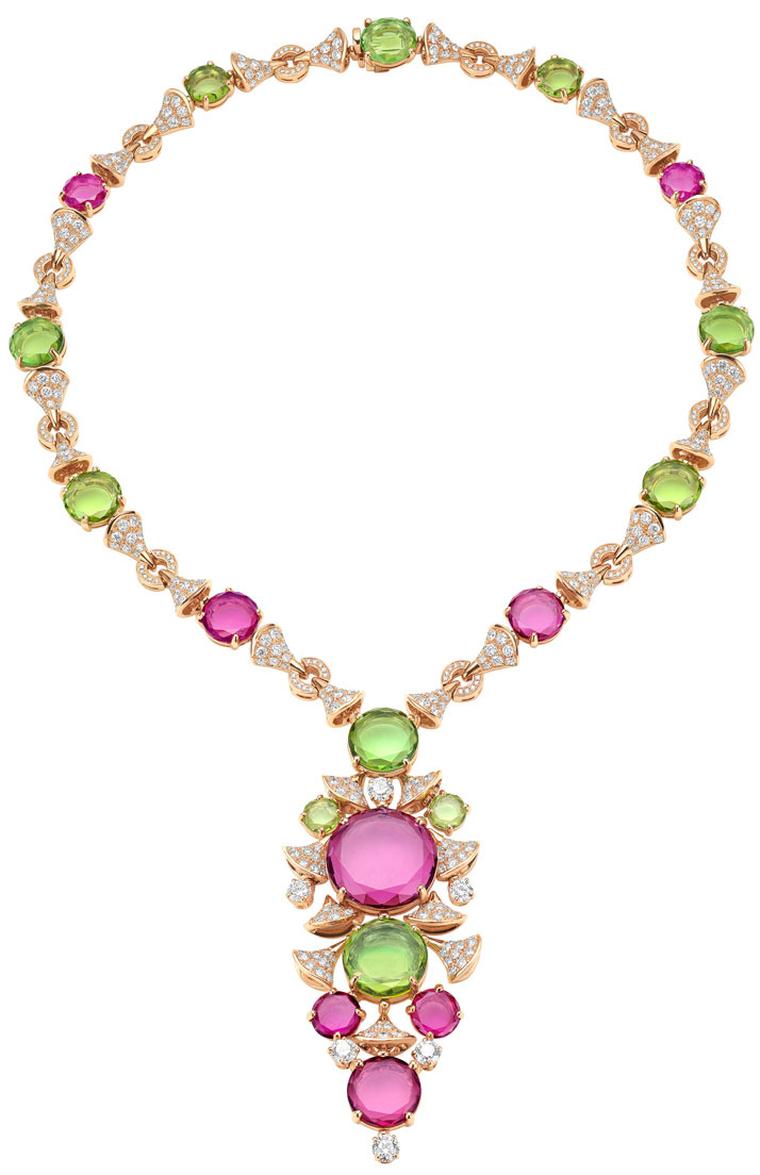 Bulgari Diva collection necklace combines peridot with purple rubellite and green tourmaline.