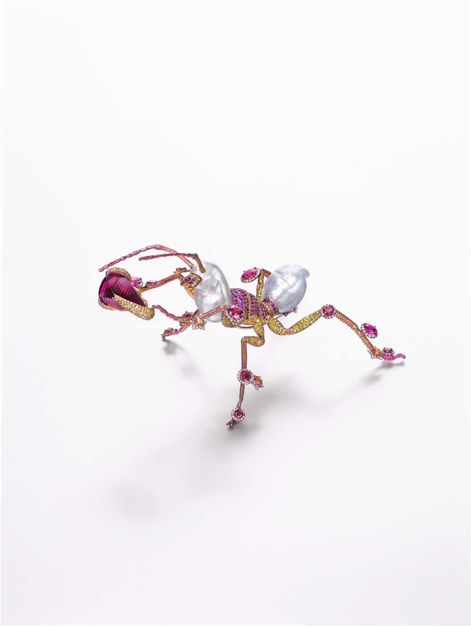Wallace Chan The Mighty brooch featuring a total of 75.94ct of pearls, 21.41ct of rubellite, yellow sapphires, diamonds, pink sapphires and yellow diamond.
