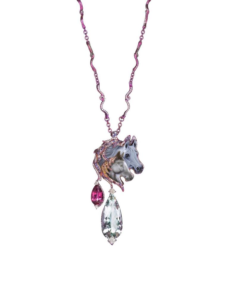 Wallace Chan Hushaby necklace featuring a 5.15ct agate, a 32.95ct aquamarine, pink tourmalines, yellow and white diamonds, sapphires, tsavorites and garnets.