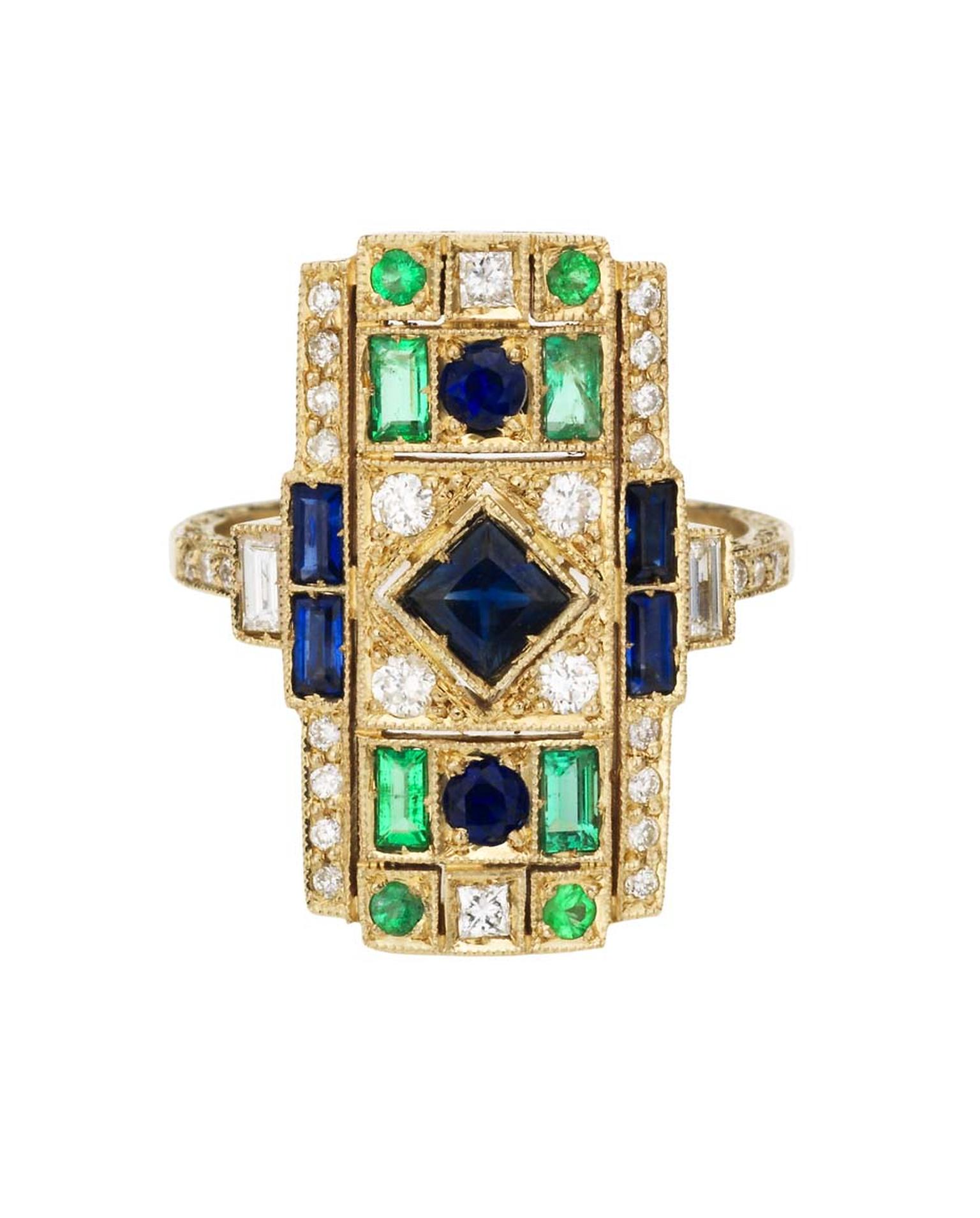 Sabine G Harlequin collection white gold ring with white diamonds, emeralds and sapphires.