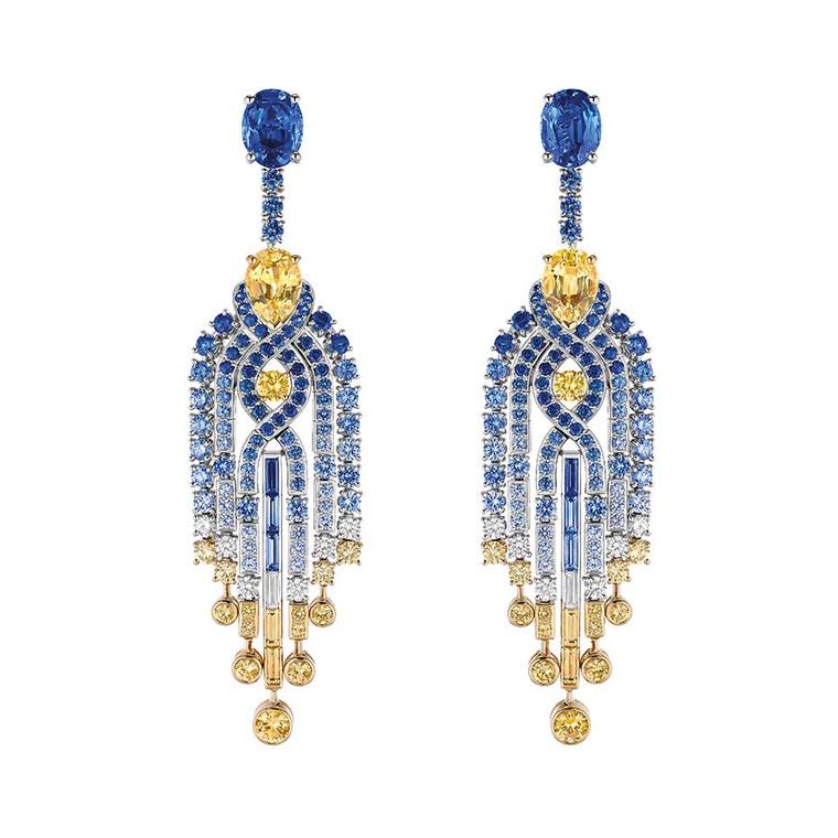 Chaumet Lumieres d’Eau high jewellery necklace in white and yellow gold, set with two oval-cut blue sapphires from Ceylon, two pear-shaped yellow sapphires, round and baguette-cut blue and yellow sapphires, and diamonds.