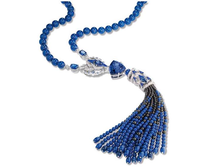 Chaumet Lumieres d’Eau high jewellery necklace in white gold with a 45.64ct troidia-cut tanzanite, three cushion-cut sapphires, sapphires, sapphire beads, lapis lazuli beads and black spinel beads.