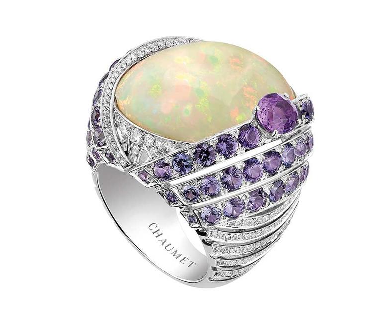 Chaumet Lumieres d’Eau high jewellery ring in white gold, set with a 18.58ct cabochon-cut white opal from Ethiopia, an oval-cut violet sapphire, round violet sapphires and brilliant-cut diamonds.