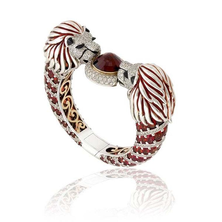 Zorab Atelier de Creation Adoring Scarlett Lions bracelet with orange sapphires, spessartite garnets, white diamonds, palladium, gold and spinel.