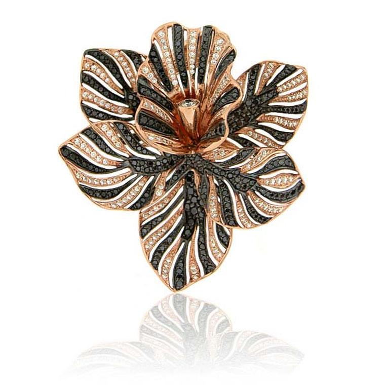 Zorab Atelier de Creation Bloom Tiger Striped Flower ring featuring spinel and black, white and yellow diamonds.