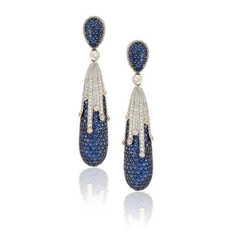 Zorab de Atelier Blue Cascade Drop earrings in gold and palladium with blue sapphires and white diamonds.