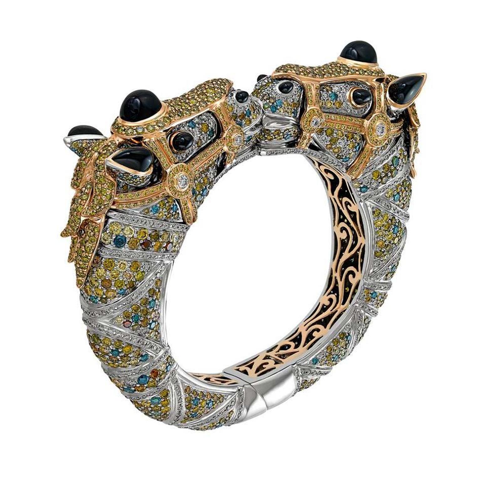 Zorab Atelier de Creation Carousel Kissing Horses bracelet with black, white, green, yellow and fancy coloured diamonds, palladium, gold and spinel.