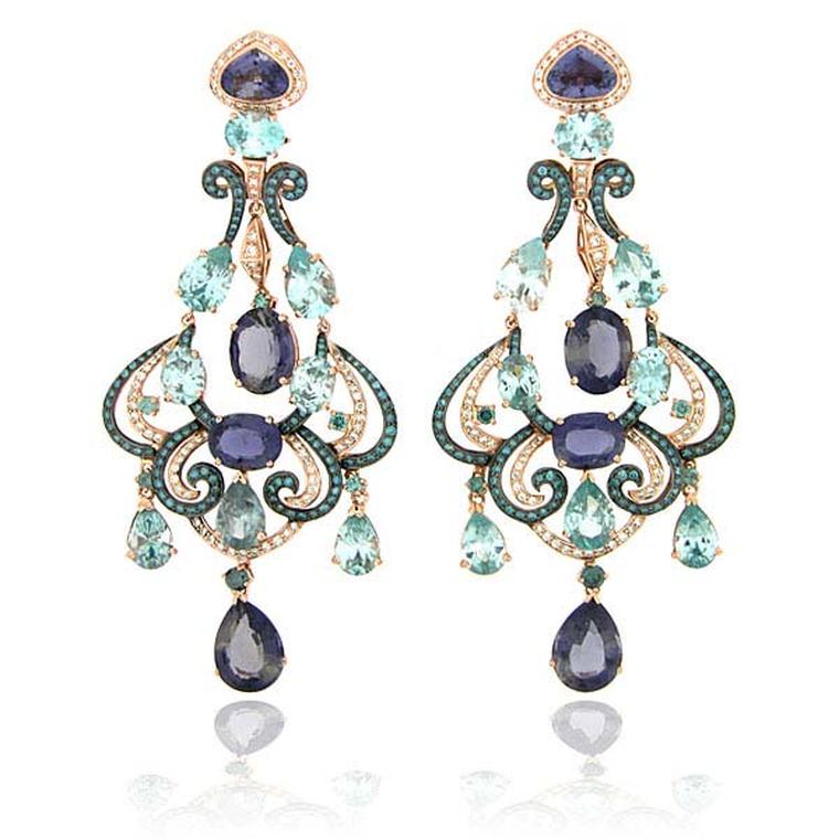 Zorab Atelier de Creation Delicate Brilliance Jeweled chandelier earrings featuring amethyst quartz, blue and white diamonds, blue topaz and blue zircon.