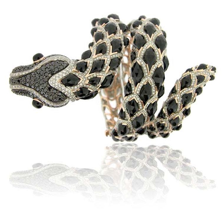 Zorab Atelier de Creation Diamond Scales Serpent bracelet with black and white diamonds, gold, palladium and spinels.
